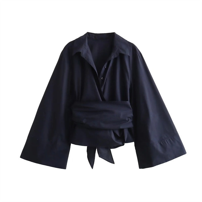 Pre Order: Kimono-Like Collar Back Bow Shirt