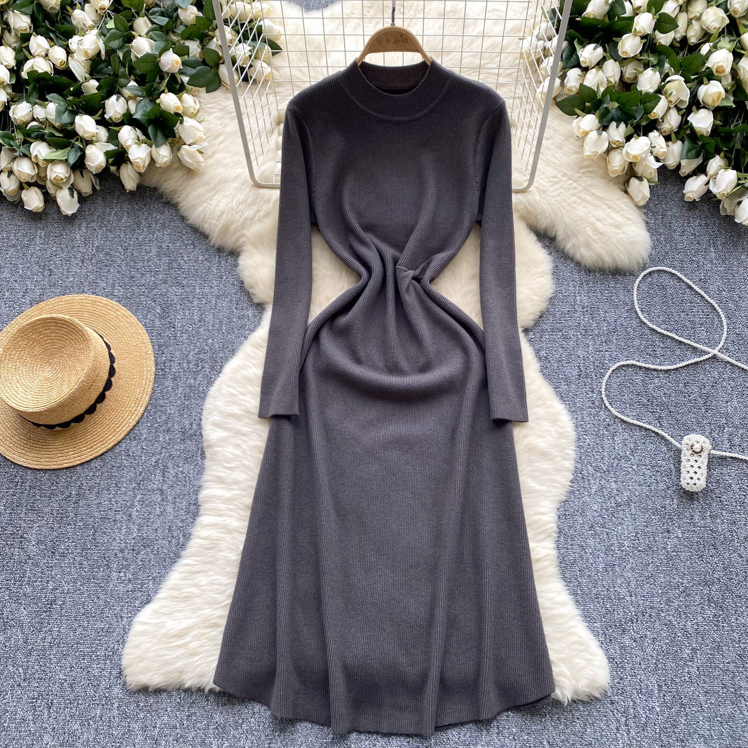 Pre Order: Woolen Waist Cinching Long Sleeved Knitted Dress