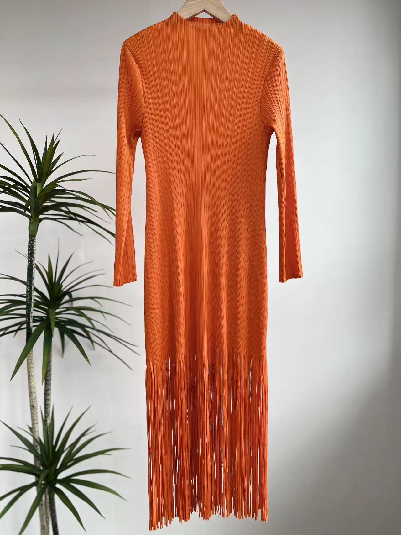 Pre Order:  Orange Tassel Pleated Dress