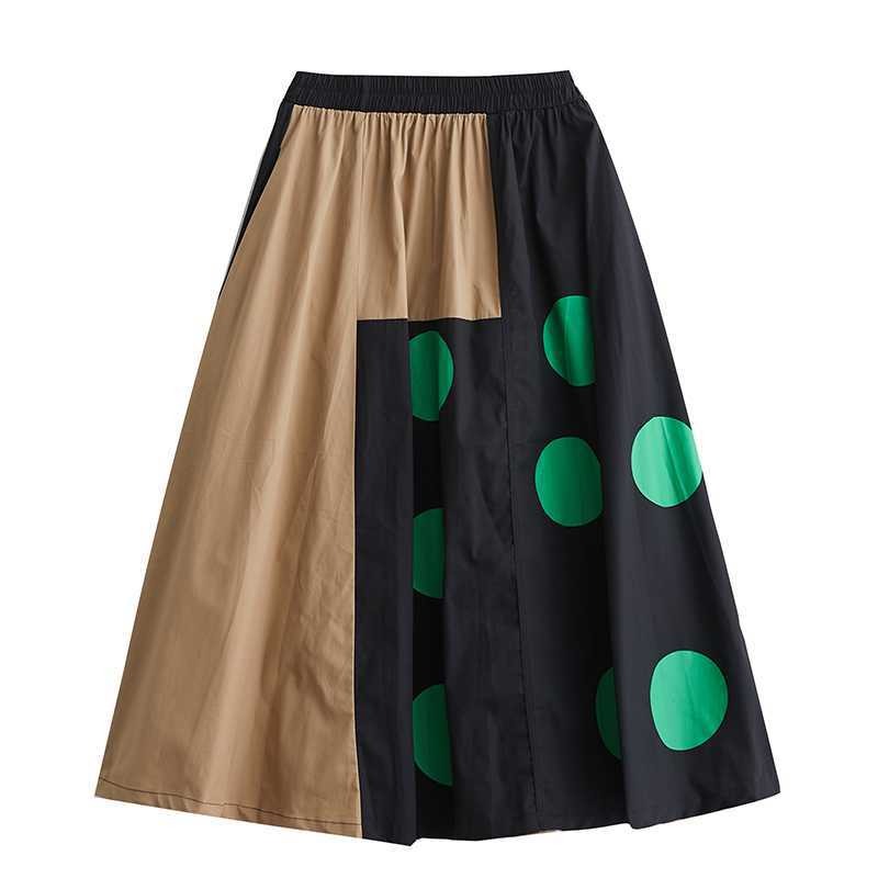 Loose Printed Patchwork Elastic Waist Skirt