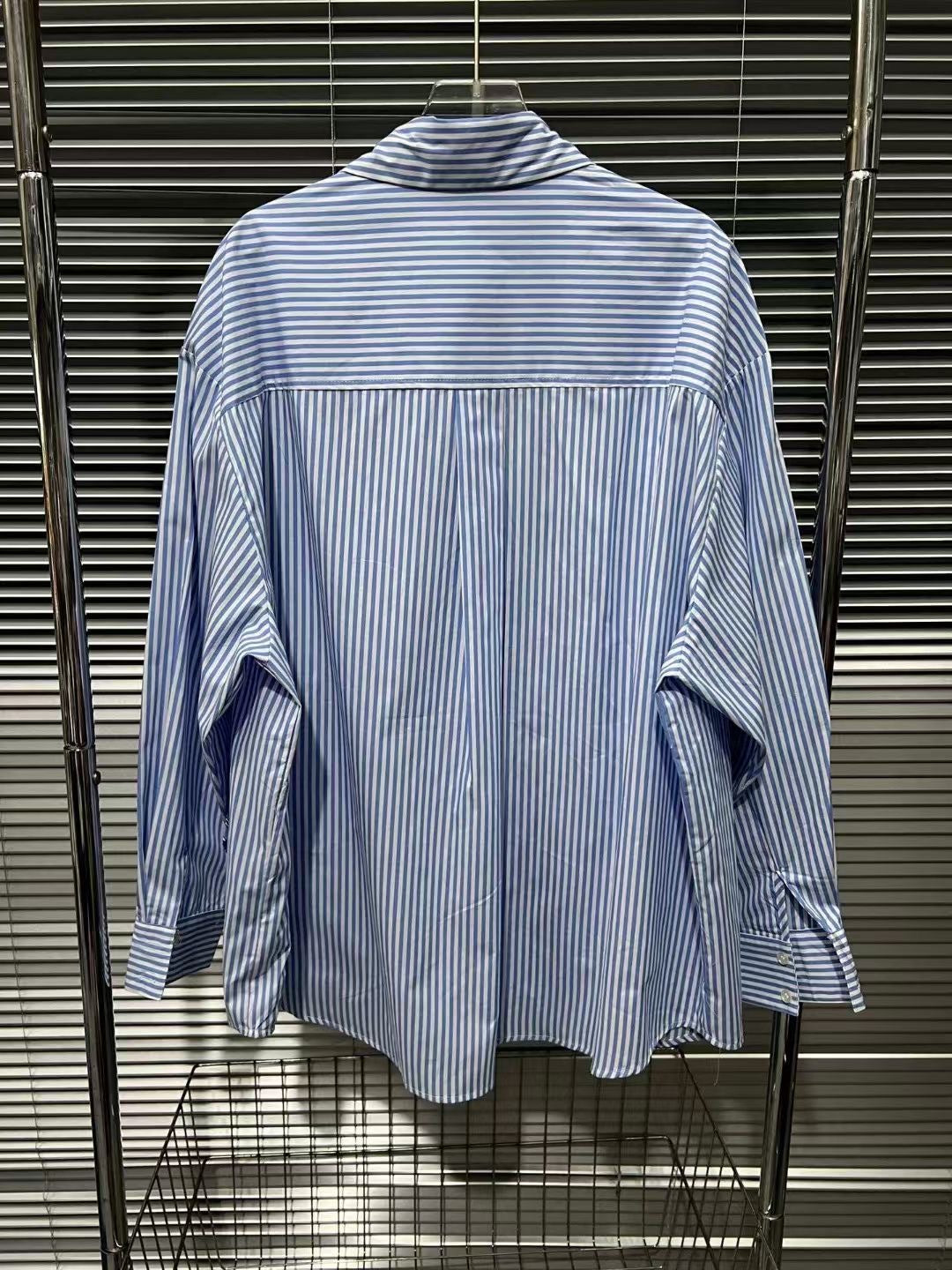 Pre Order:  Blue Vertical Stripe Tie Bow Loose Shirt