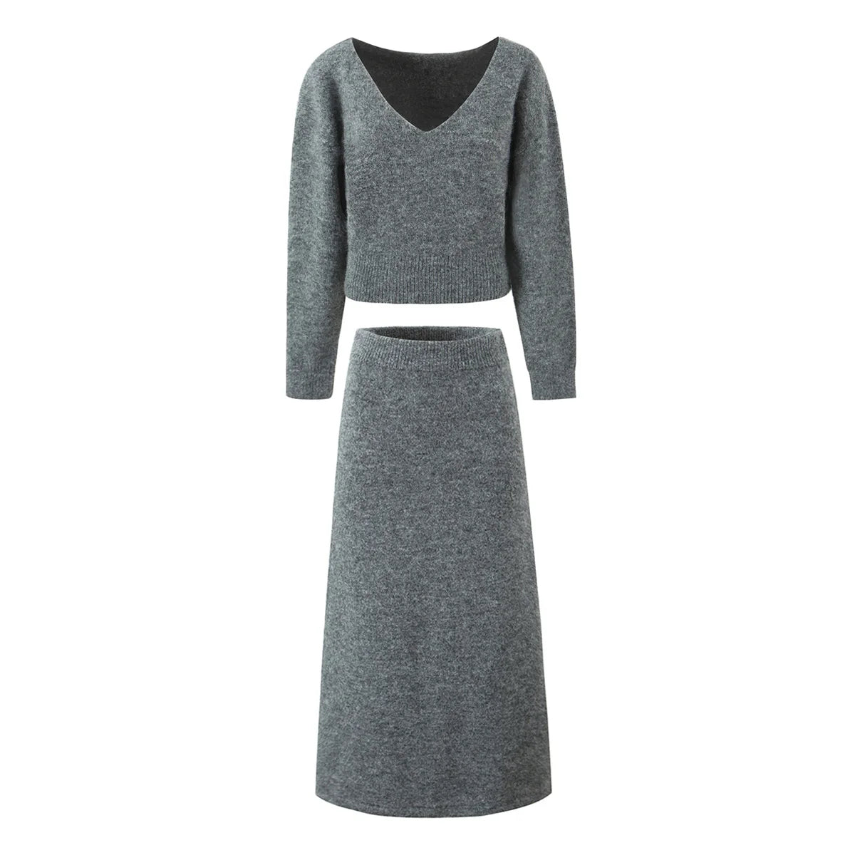 Pre Order: Gray V-Neck Knitted Pullover + Skirt Set