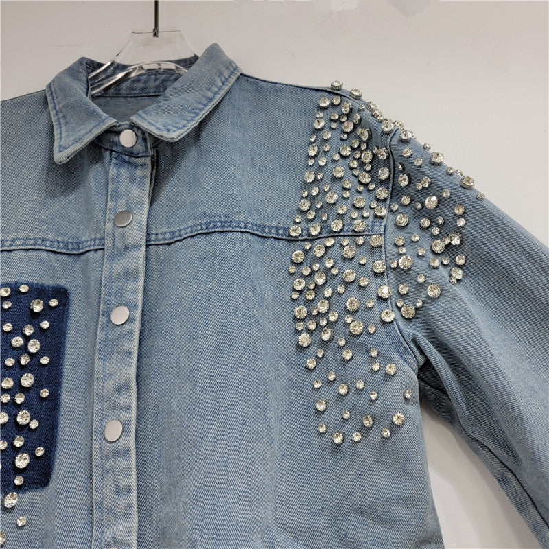 Nail Bead Diamond Inlaid Loose Long Denim Shirt