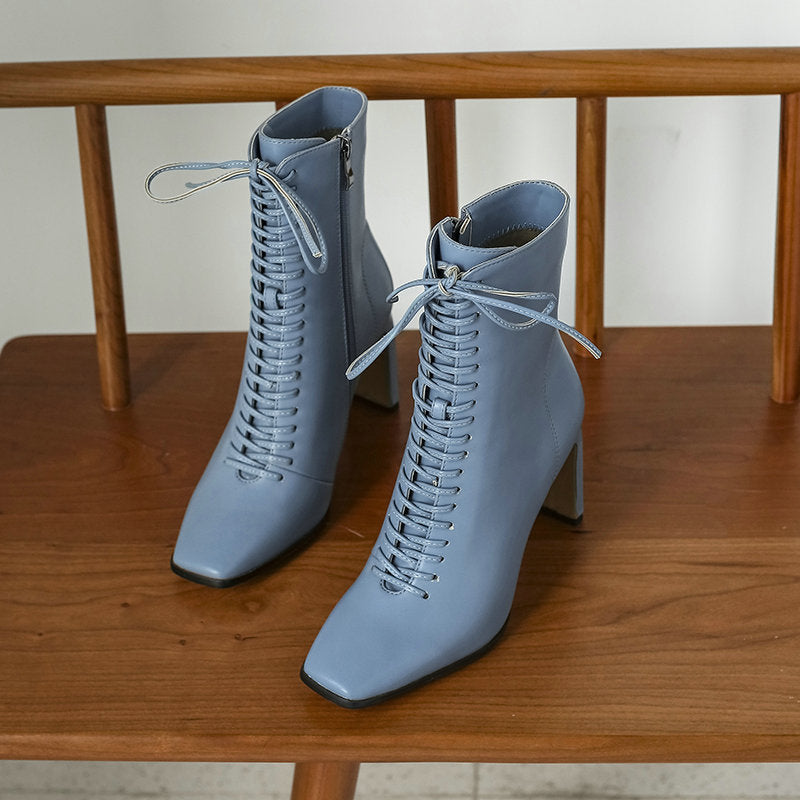 Square Head Cross Strap Ankle Boots