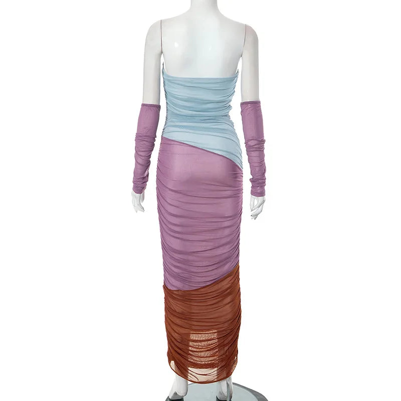 Tri-Color Ruched Mesh Dress