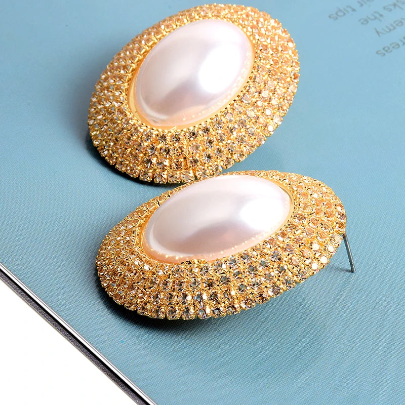 Pre Order:  Rhinestones Oval Faux Pearl Earrings