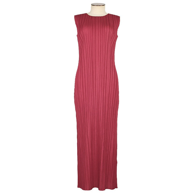 Pre Order:  Solid Pleated Sleeveless Midi Dress