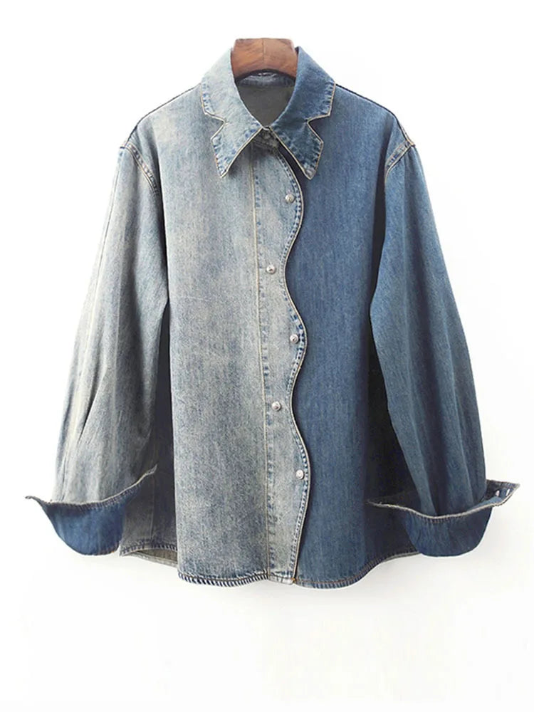 Pre Order:  Casual Color Block Big Size Long Sleeve Denim Shirt