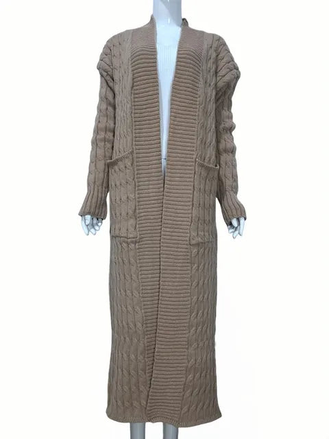 Pre Order:  Ribbed Collar Cableknit Long Cardigan