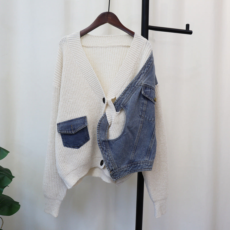 Casual Patchwork Denim Knitted Cardigan