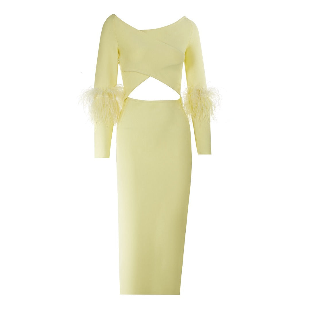 Yellow Long Sleeved Elastic Feather Cuffs Bandage Dress