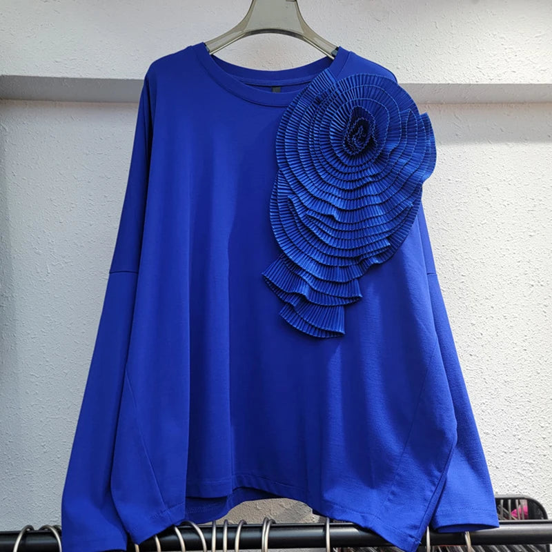 Pre Order:  Pleated 3D Flower Loose Casual Round Neck Top