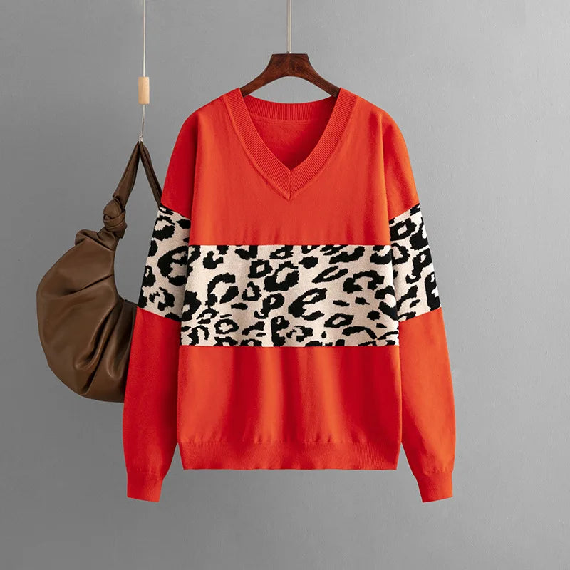 Vintage Leopard Pullover Knitted V-Neck Sweater