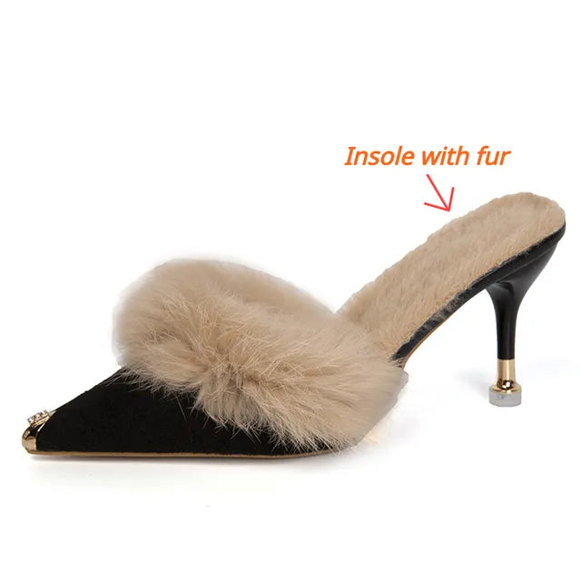 Pre Order:  Metal Tip Faux Fur Mules