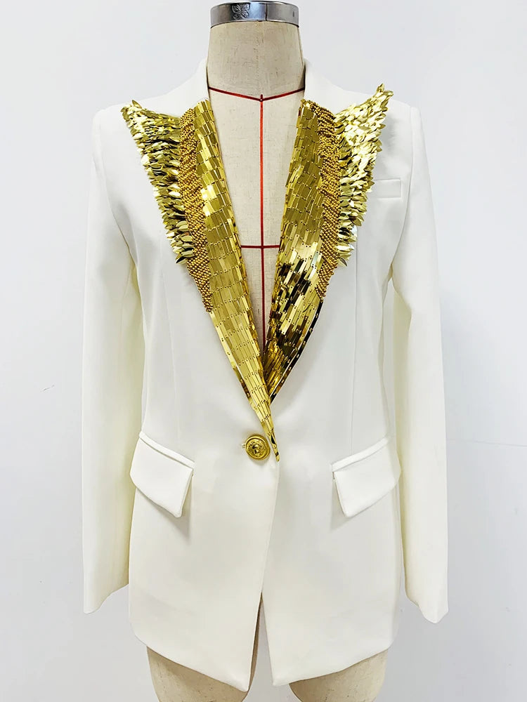 Metallic Feather Beaded Lapel Blazer