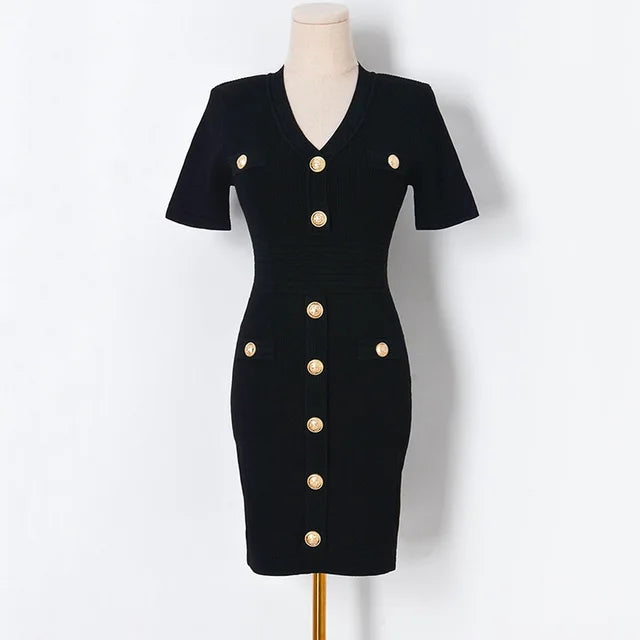 Pre Order:  Gold Buttons Knit Dress