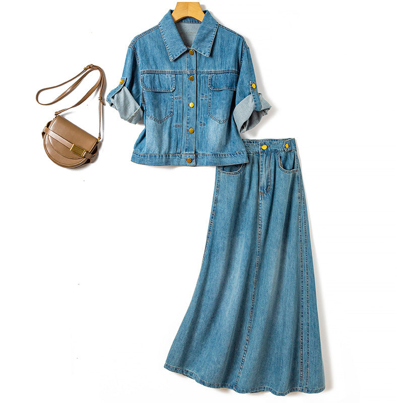 Pre Order: Pocket Single Breasted Denim Shirt + A-Line Denim Skirt Set