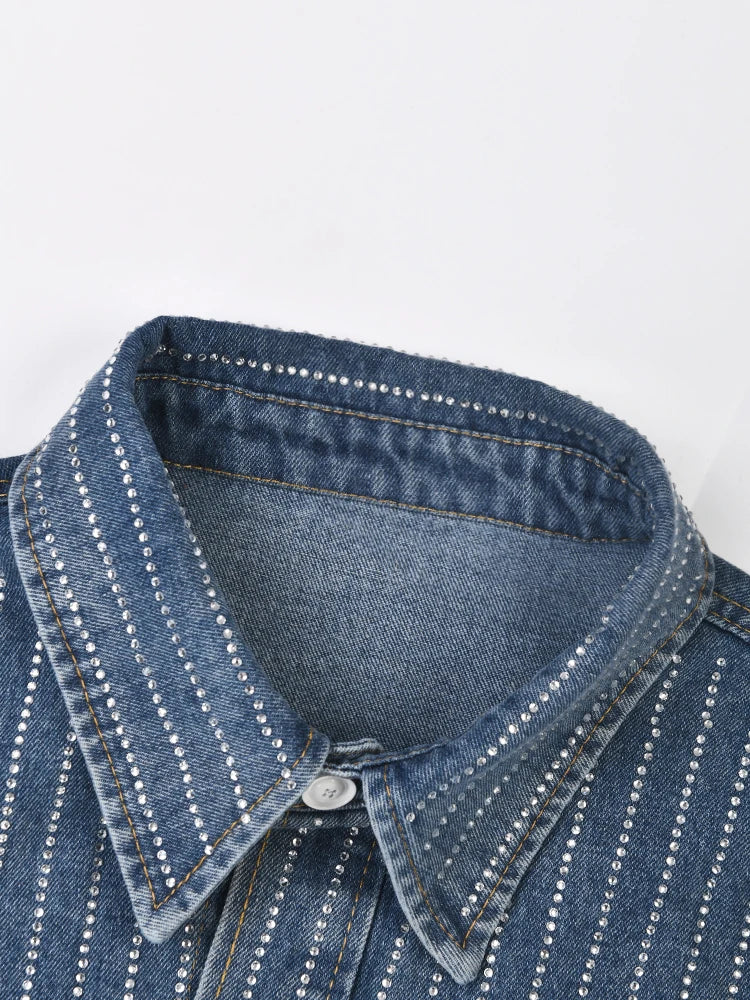 Denim Rhinestones Long Sleeved Loose Shirt