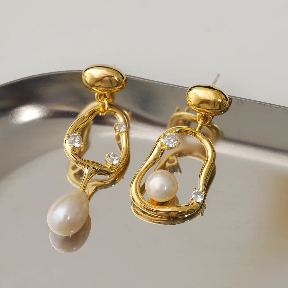 Pre Order:  Retro Asymmetrical Pearl Zircon Earrings