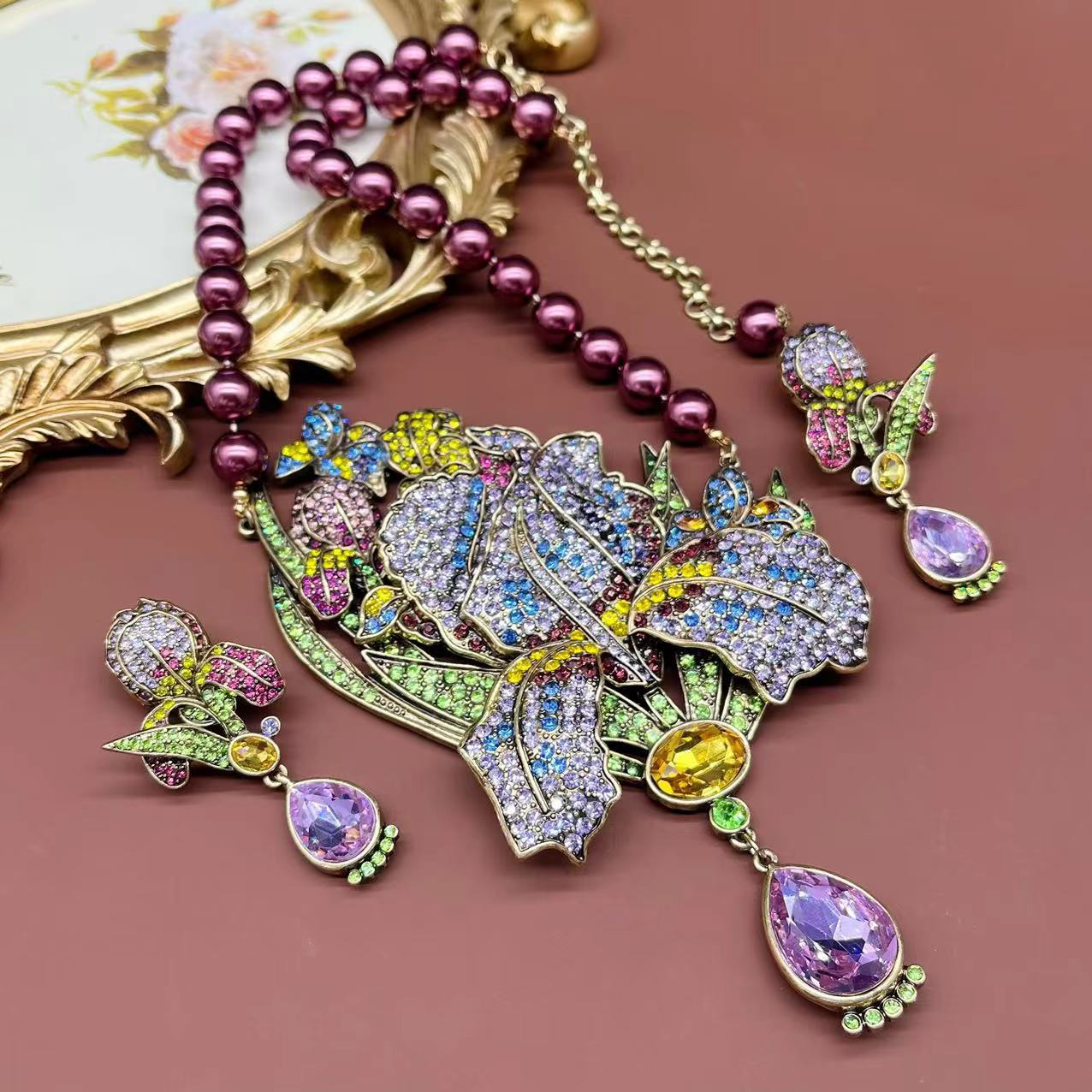 Pre Order:  Purple Glass Pearl Luan Flower Necklace + Earrings