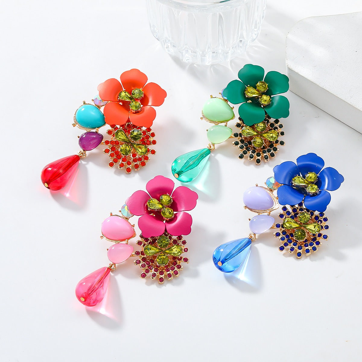 Pre Order:  Resin Flower Diamond Studded Retro Earrings