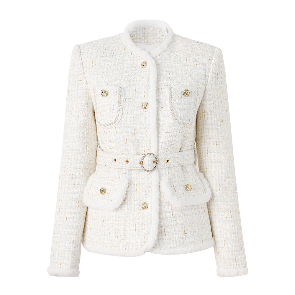 Pre Order:  White Woolen Patchwork Belted Jacket