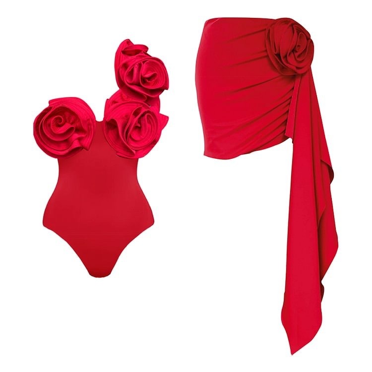3D Scarlet Flower One Shoulder Swimsuit + Cover Up Set