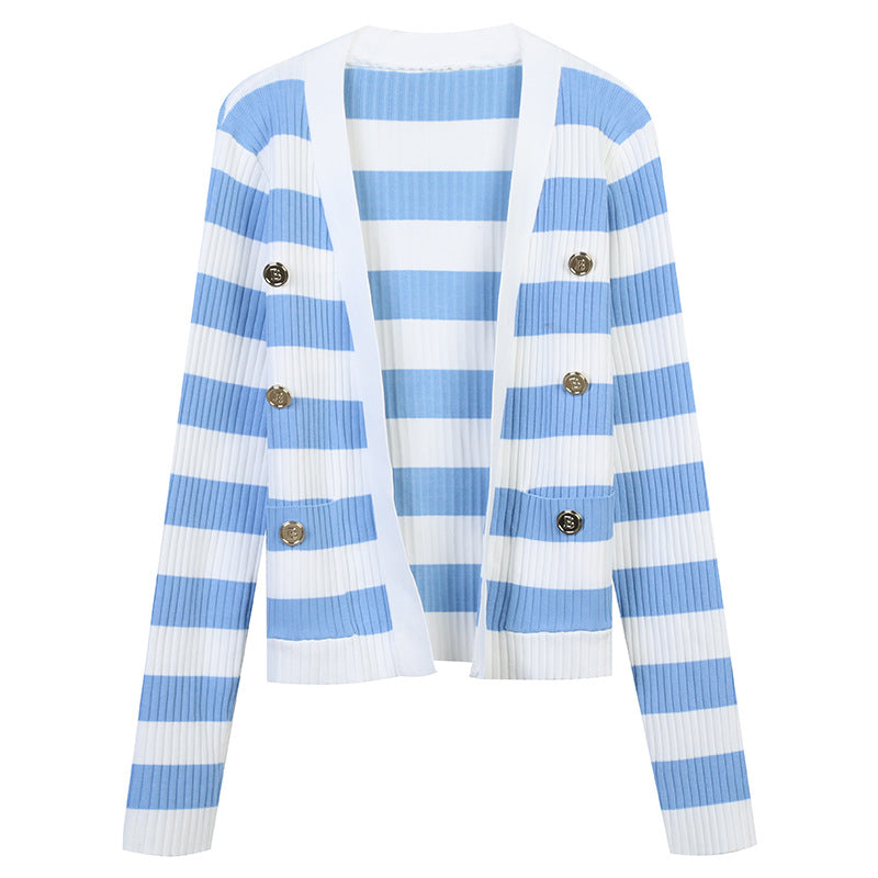 Pre Order:  Striped Double Row Metal Button Loose Cardigan