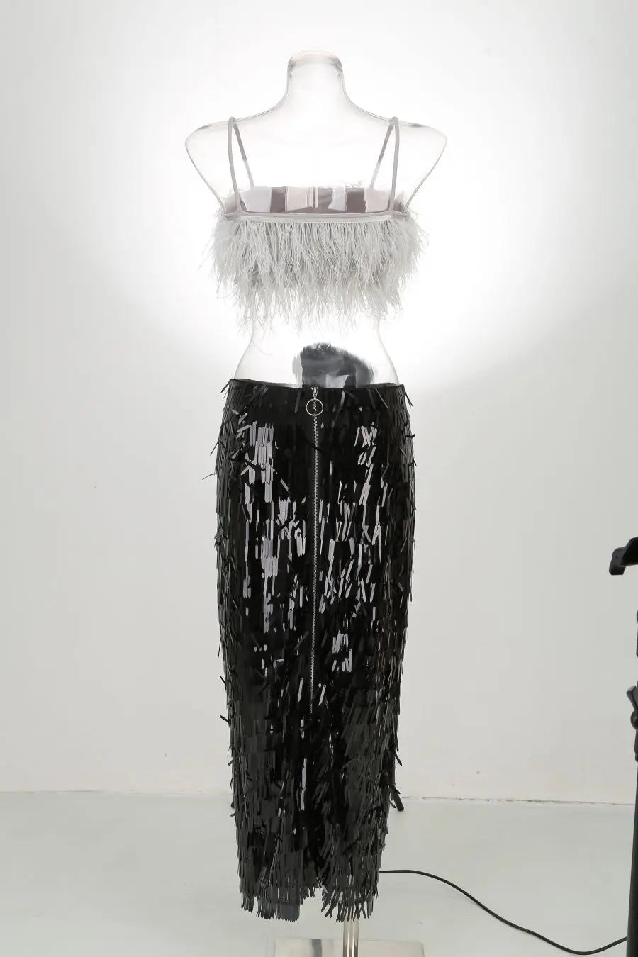 Pre Order:  Feathered Top Fringe Midi Skirt Set