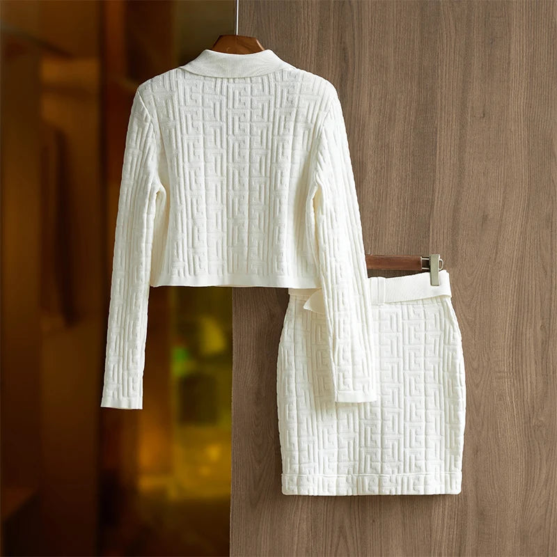 Pre Order:  Jacquard Knitted Long Sleeve Collar Top + Mini Skirt Set