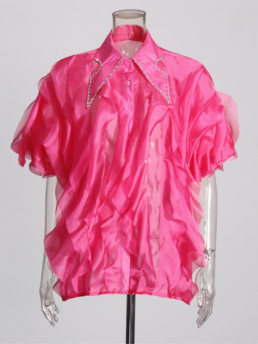 Pre Order:  Layered Ruffle Diamond Lapel Short Sleeve Shirt