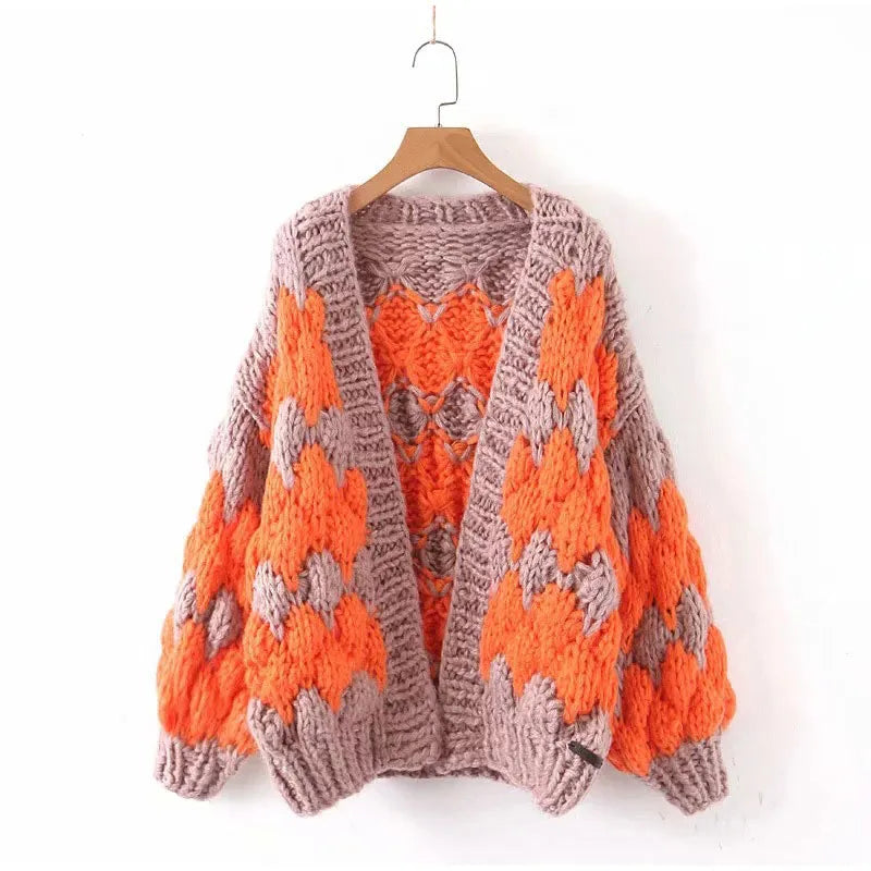 Oversized Knitted Lantern Sleeve Thick Cardigan