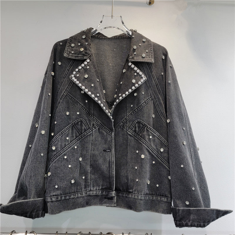 Pre Order: Nail Bead Studded Diamond Retro Motorcycle Denim Jacket