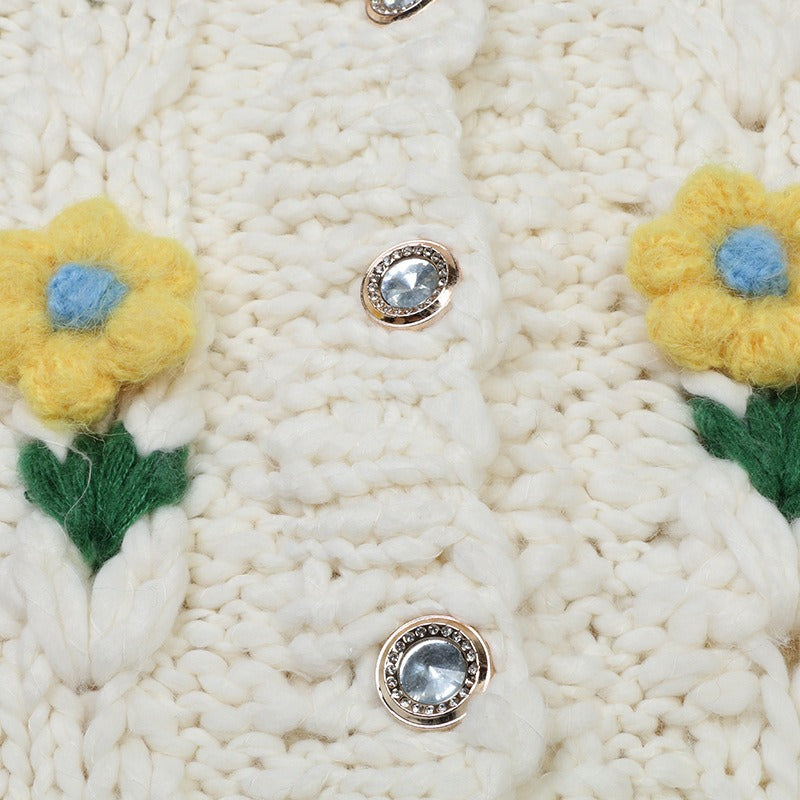 Flower Handmade Loose White Knitted Cardigan