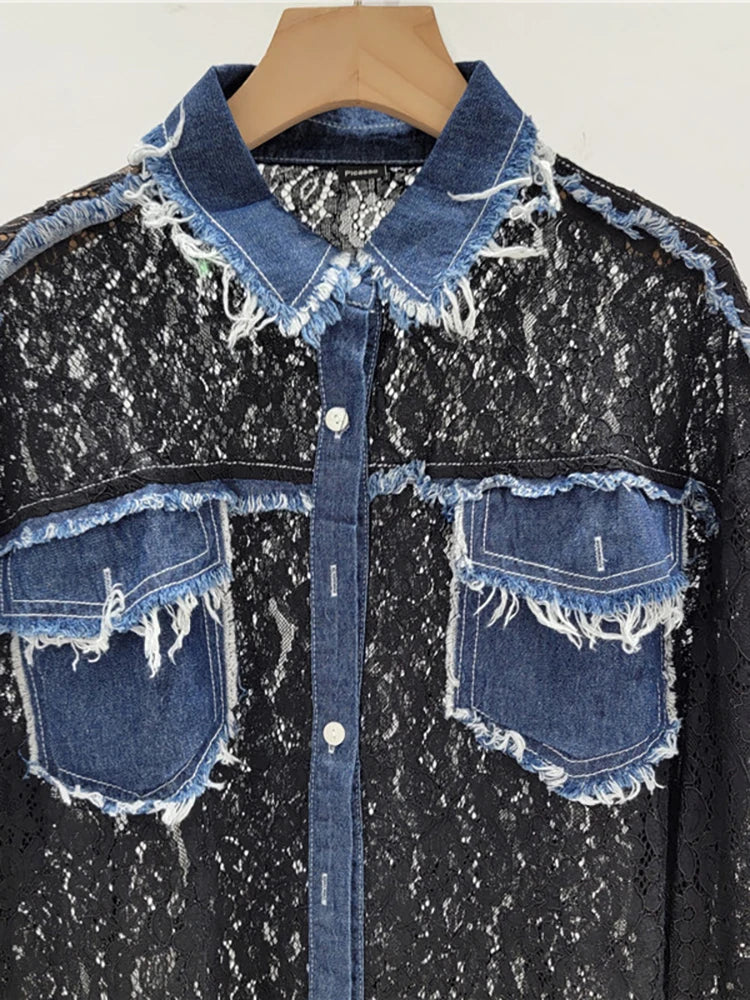 Pre Order:  Denim Patchwork Lace Shirt