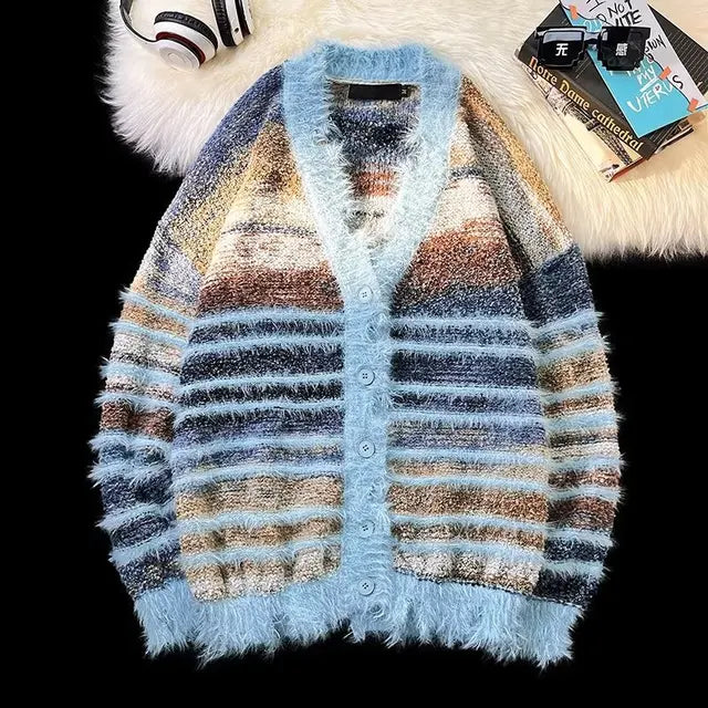 Fuzzy Striped Gradient Knit Cardigan