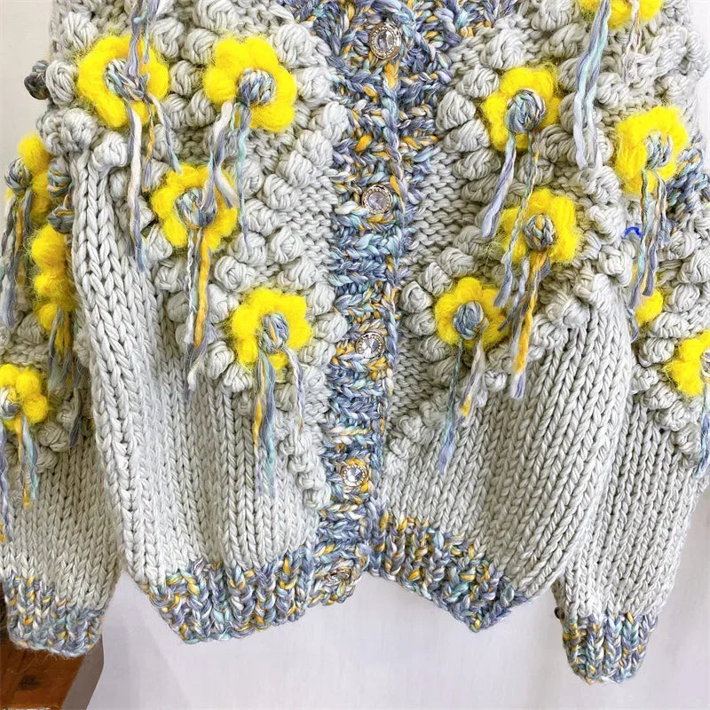 Handmade Tassel 3D Flower Cardigan