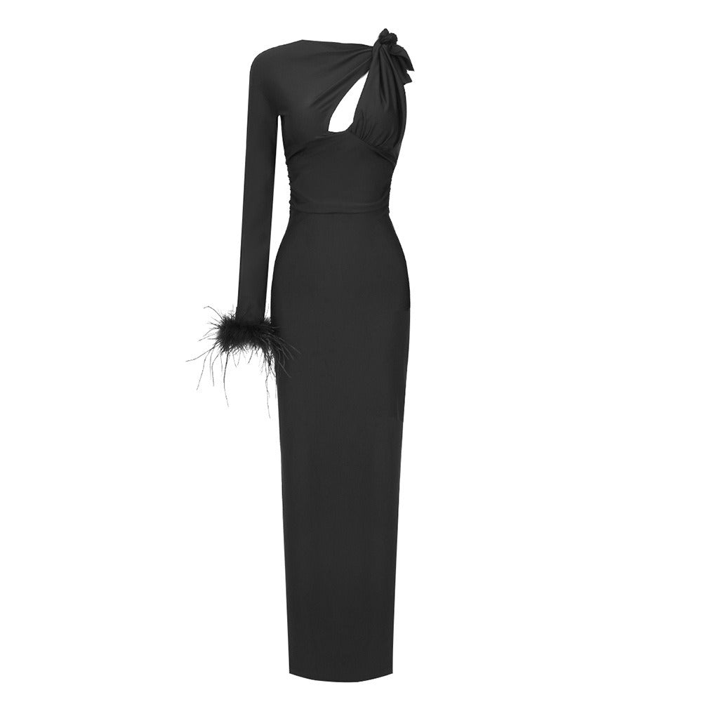 Pre Order:  Hollow Out Single Shoulder Feather Maxi Dress