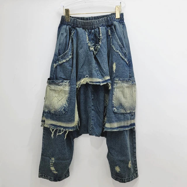 Pre Order: Patchwork High Elastic Waist Loose Denim Pants