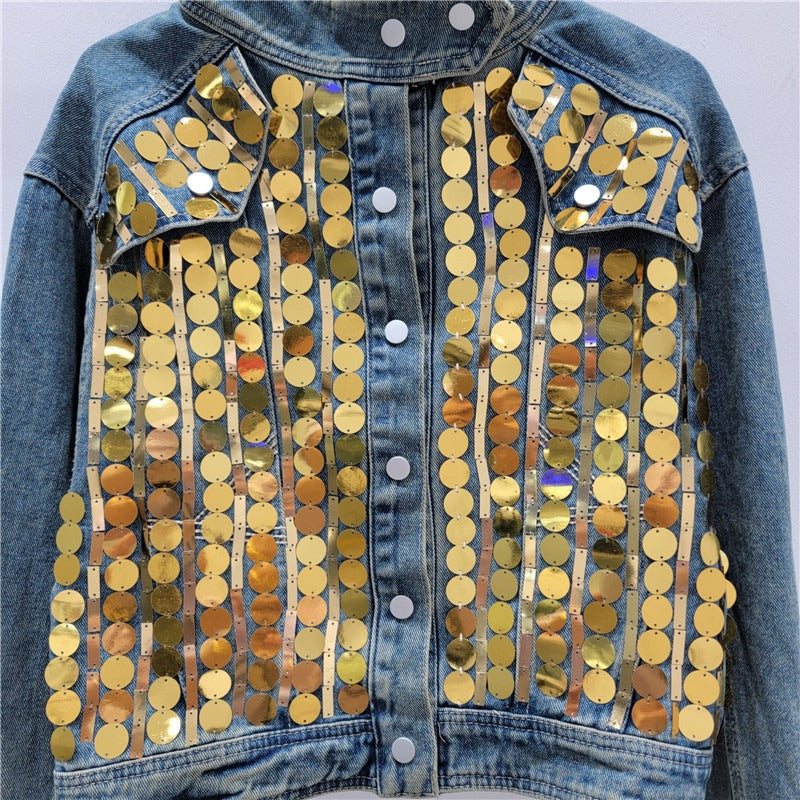 Pre Order:  Sequin Spliced Stand Collar Denim Jacket