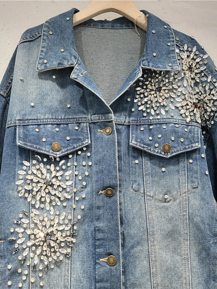 Pre Order:  Flower Diamond Embroidered Washed Denim Jacket