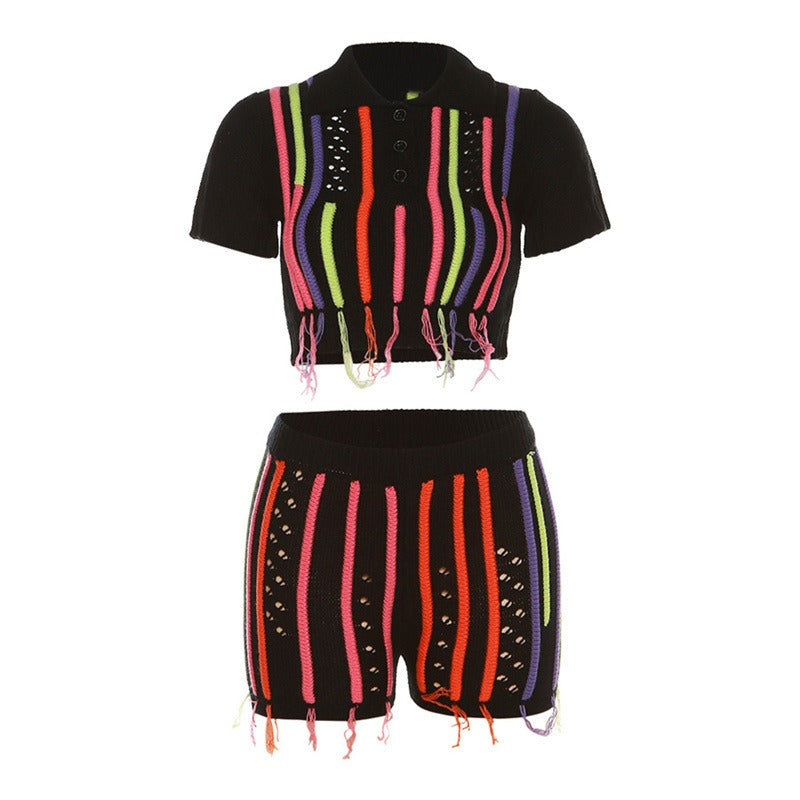 Pre Order:  Sweet Knitted Embroidered Tassel Cropped Top + Shorts Set