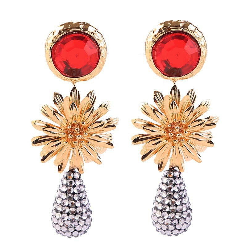 Pre Order:  Alloy Flower Water Droplets Diamond Earrings