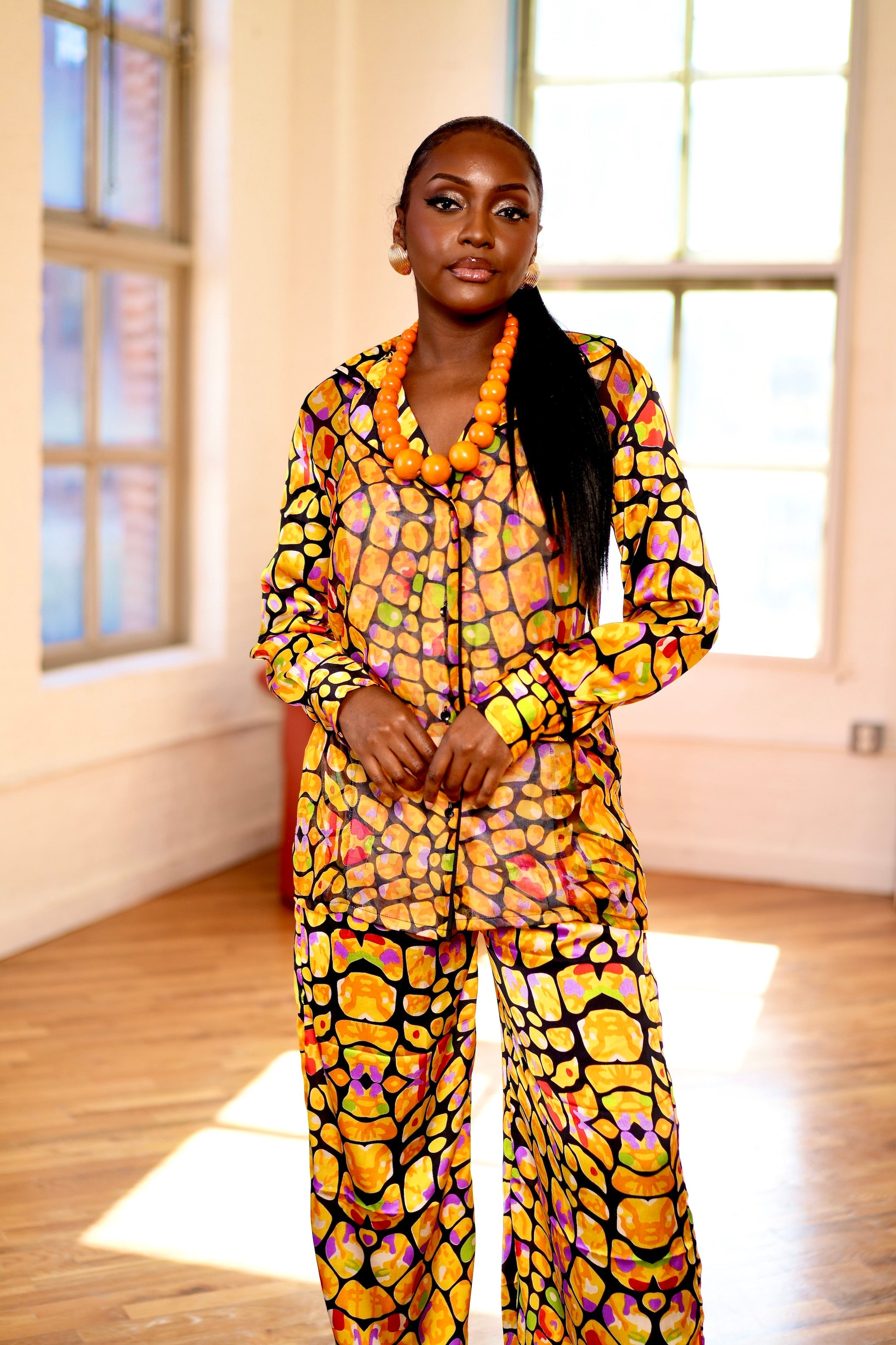 Pre Order:  Giraffe Printed Silk + Satin Set