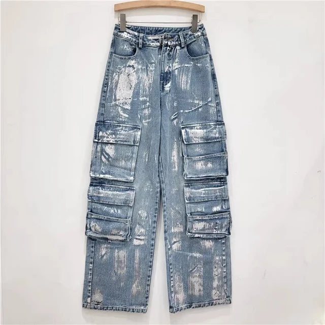 Pre Order:  High Waist Straight Wide Leg Multiple Pockets Denim Pants