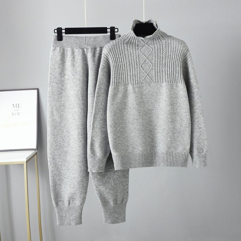 Pre Order:  Solid Long Sleeve Knit Sweater + Loose Pants Set