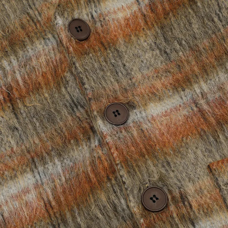 Pre Order:  Brown Plaid Mohair V-Neck Cardigan