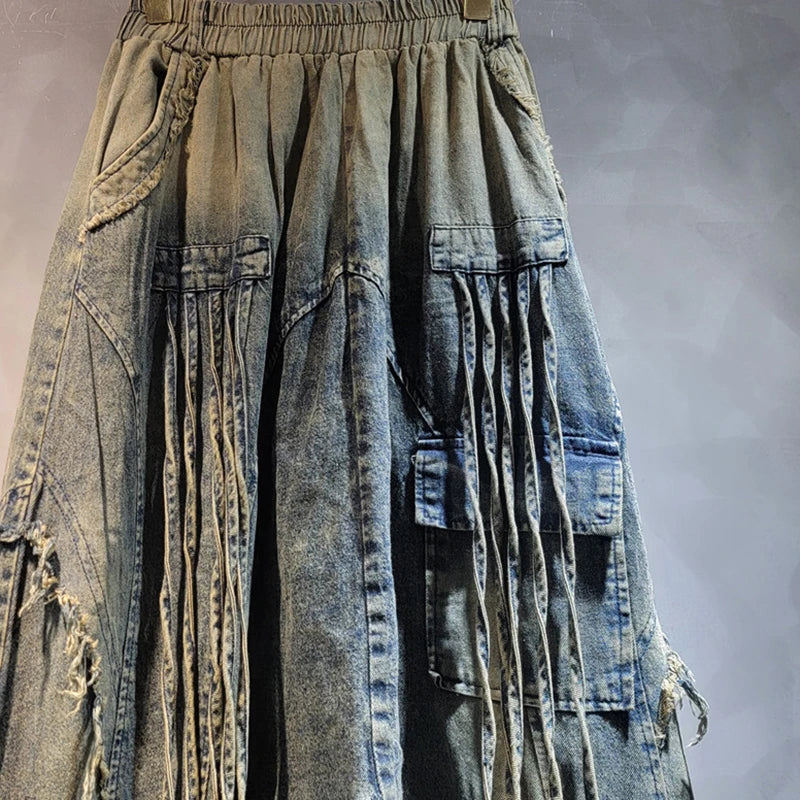 Pre Order: Loose High Elastic Waist Wide Leg Denim Pants