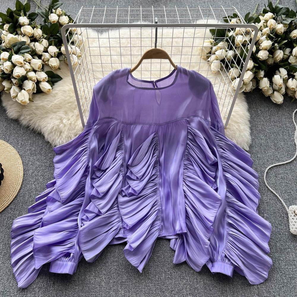 Irregular Ruffle Long Sleeve Chiffon Blouse