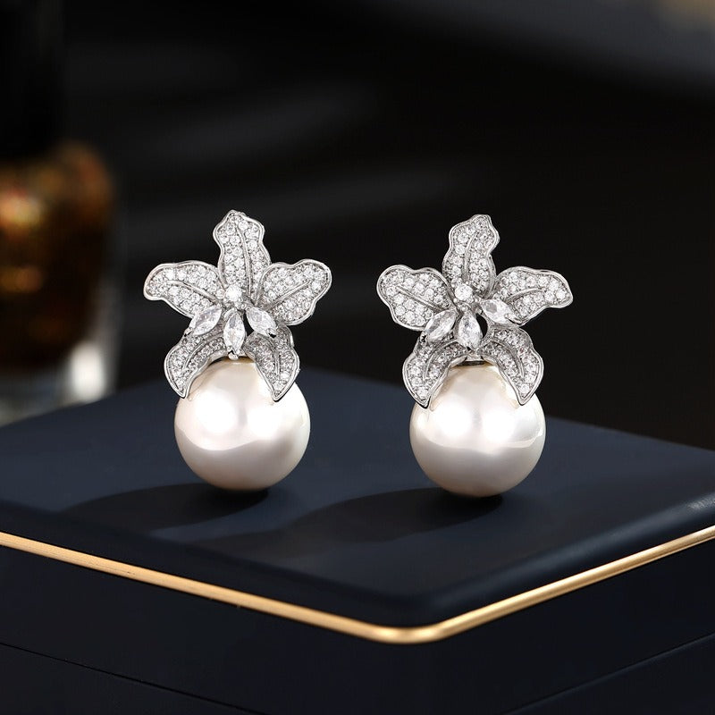 Pre Order:  Retro Lily Flower Pearl Earrings